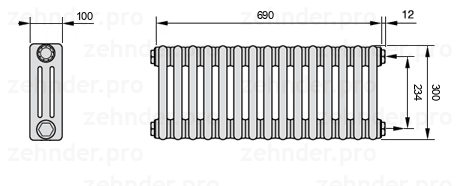 Схема (чертеж) Радиатор Zehnder Charleston 3030/15 №7610 Белый глянцевый RAL 9016